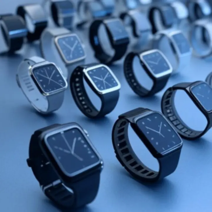 Nowoczesne smartwatche wyświetlane na ciemnym, technologicznie inspirowanym tle
